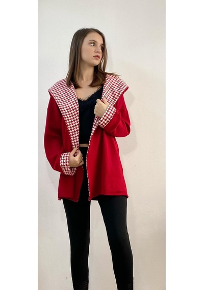 Mois Atelier Kazayağı Detaylı Kırmızı Triko Hırka, Tasarım, Hediye, Büyük Beden, Tesettür Kırmızı