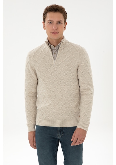U.S. Polo Assn. Erkek Regular Fit Yarım Fermuarlı Desenli Taş Kazak 50315035-VR049