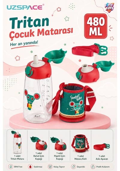 480 Ml Kılıflı 2 Ayrı Kapaklı Pipetli / Pipetsiz Tritan Çocuk Su Matarası Kırmızı-yeşil