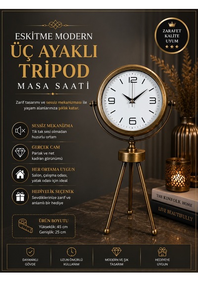 Eskitme Vintage Üç Ayaklı Masa Saati