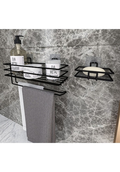 Corelle Kitchen Yapışkanlı Banyo Rafı Kağıt Havlu Tutacağı Ve Metal Sabunluk Set Düzenleyici Siyah