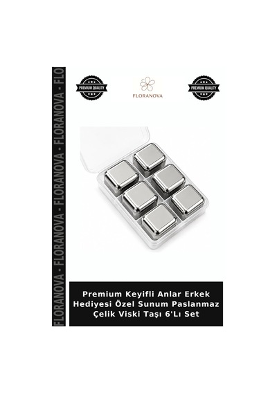 Premium Keyifli Anlar Erkek Hediyesi Özel Sunum Paslanmaz Çelik Viski Taşı 6'lı Set