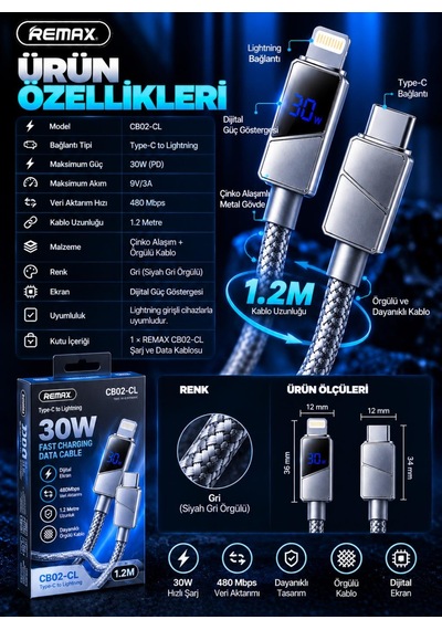 Remax Cb02-cl 30w Dijital Ekranlı Hızlı Şarj Ve Data Kablosu Type-c To Lightning 1.2 Metre Gri