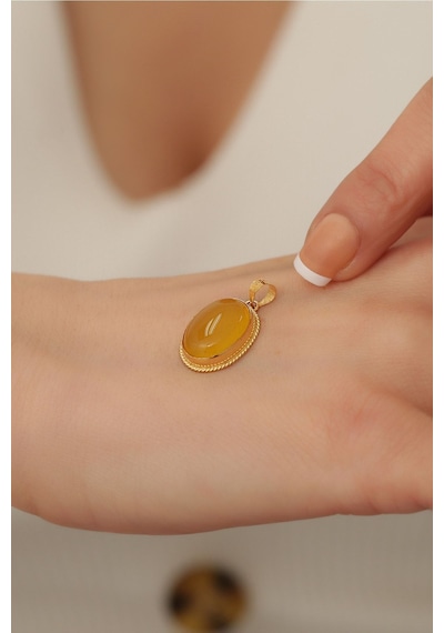 14 Ayar Altın Damla Akik Taşlı Oval Kolye Ucu Sarı Altın