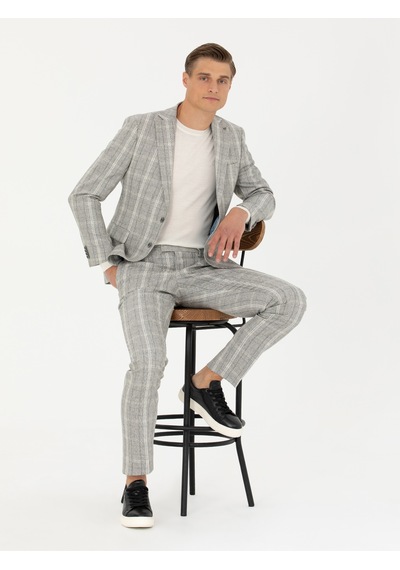 Cacharel Gri Slim Fit Yün Karışımlı Ekose Takım Elbise