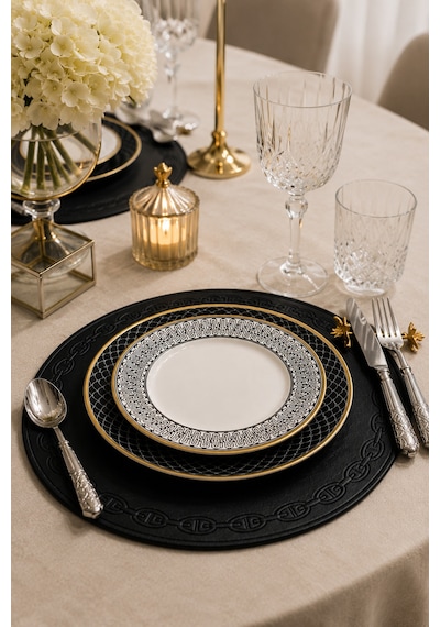 Nakışlı Deri Amerikan Servis 2'li Set Çift Taraflı Yuvarlak Supla 38x38 Cm Raya Siyah