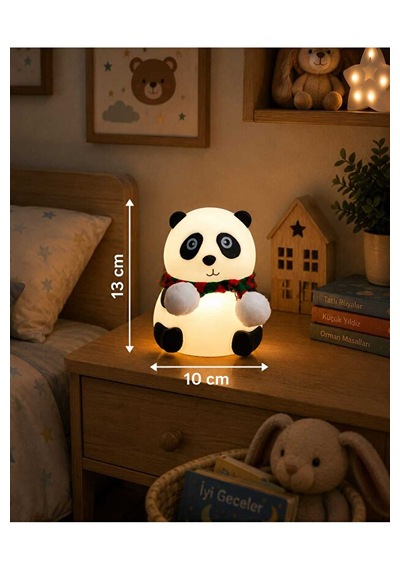 Sevimli Atkılı Panda Gece Lambası Yumuşak Typce Sarjlı 5 Renk Işıklı Çocuk Gece Lambası Beyaz