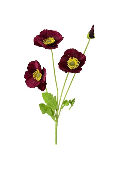 Yapay Çiçek Gelincik Çiçeği Sert Kumaş Bordo Renk 3 Çiçek 1 Tomurcuk 59cm