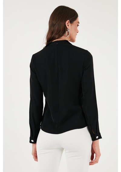 Lela Taşlı Regular Fit Gömlek Yaka Fermuarlı Bayan Bluz 611Bz0493 Siyah