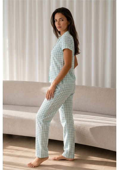 Kadın Loose Uzun Paça Pamuk Su Yeşili Pijama Takımı