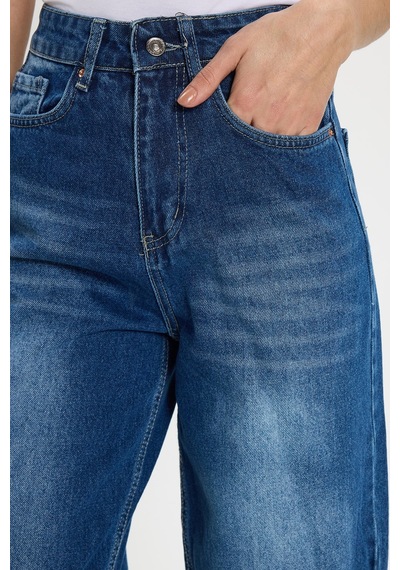Tudors Kadın Relax Fit Rahat Kesim %100 Pamuk Cepli Geniş Paça Lacivert Jean Kot Pantolon-50730