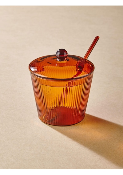 The Mia Striped Cam Kaşıklı Şekerlik Amber 10x12 Cm Cam0436