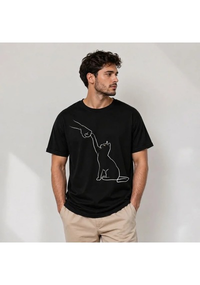 Veraura Lifestyle Erkek Minimal Kedi Çizim Baskılı Tişört Kısa Kol Yazlık T-shirt - Siyah