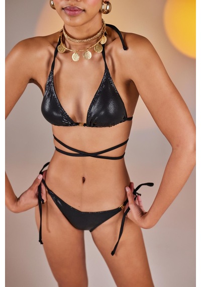 Holly Lolly Özel Yapım Parlak Kumaşlı H Aksesuarlı V Kesim Ivory Bikini Altı Siyah