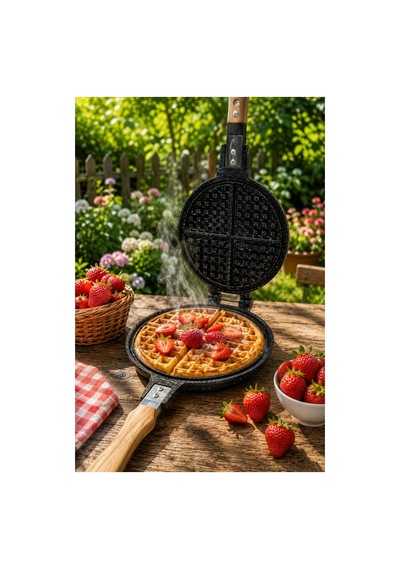 Piev Pratik Ahşap Saplı Çift Taraflı Ocak Üstü Döküm Waffle Tavası Antrasit