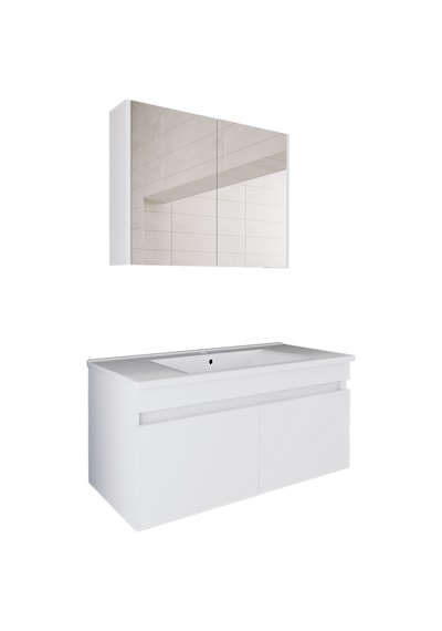 Banos Al3 Lavabolu Beyaz 100 Cm Aynalı Banyo Dolabı Takımı Beyaz