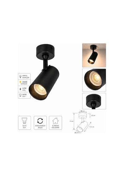 GU10 Duylu Siyah Aplik Spot – 3000K Günışığı 4,5W Ampul Dahil, Ayarlanabilir Başlık, Modern Tavan ve Duvar Aydınlatma Armatürü