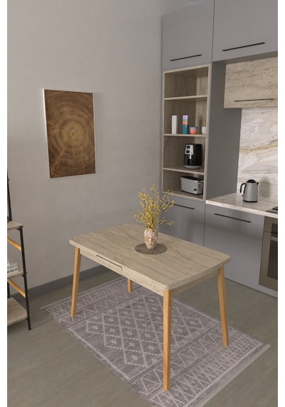 Vilinze Avanos Ahşap Açılır Kapanır Mdf Traverten Mutfak Masası - 70x120+30 Cm