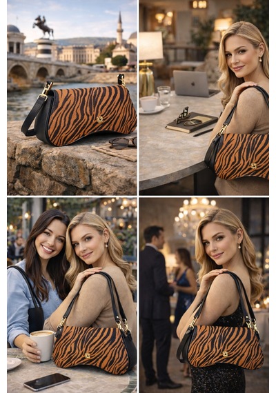 Dukidaso Kahverengi Altın Tokalı Zebra Desenli Kadın Omuz Çantası Kahverengi Mt1606 Kahve