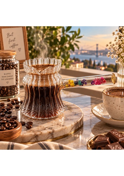 Çiçeki Detaylı Cam Cezve 400 Ml