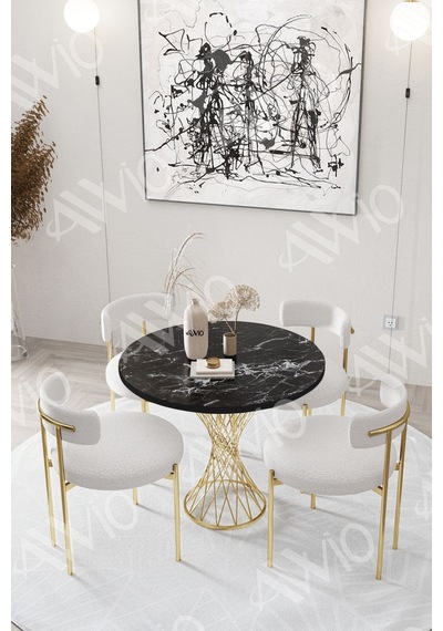 Avvio Lisa Mat Gold Teddy Sandalye 90x90 Yuvarlak Yemek Masası Mutfak Masası Masa Sandalye Takımı Siyah Mermer