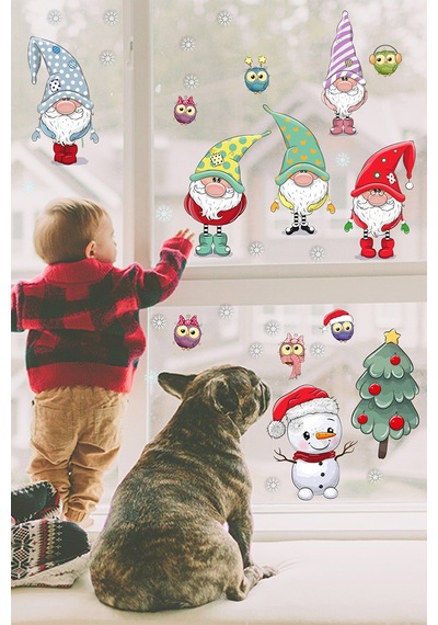 Yılbaşı Sticker Noel Cüceler Baykuş Kardan Adam Ve Kartaneleri Pencere Sticker