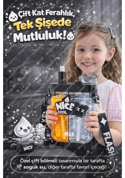 Çift Bölmeli Nice Cool Matara, Çift Kapaklı, Pipetli, 0,70 L, Siyah, Çocuk Okul Suluk, Boyun Askılı Genel