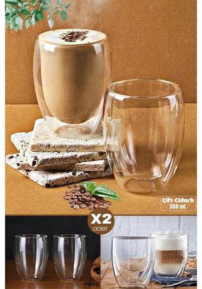 Tilbe Home 2li Çift Cidarlı Cam Bardak 350 Ml Pipetli Çay Kahve Sunum Bardağı Isıya Dayanıklı Kupa B Şeffaf