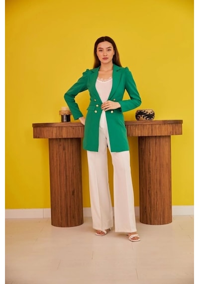 Defymoda Yeşil Blazer Düğmeli Ceket Yeşil