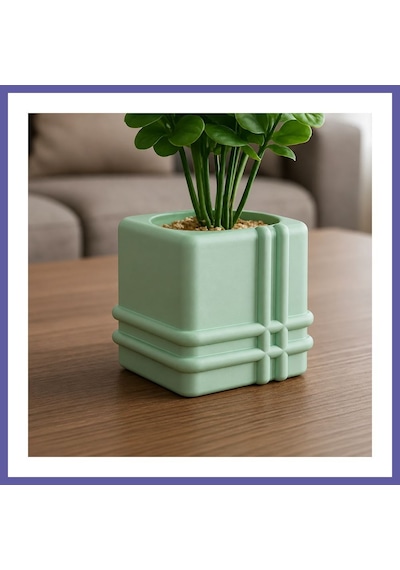 Bezos 3d Baskı Square Planter - Izgara Desenli Küp Saksı-mint Nıda