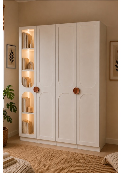 Gardırop, Sardes Kitaplıklı Led Aydınlatmalı 4 Kapılı Dolap Beyaz