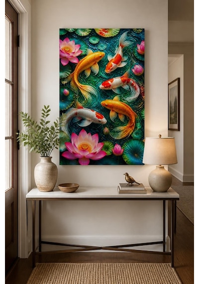 Koi Balığı Ve Lotus Baskılı Cam Tablo Renkli Uv Baskı Dekoratif Duvar Tablosu