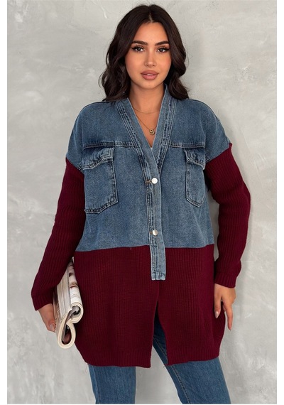 Femelle Kadın Bordo Triko Detaylı Tasarım Oversize Kot Ceket