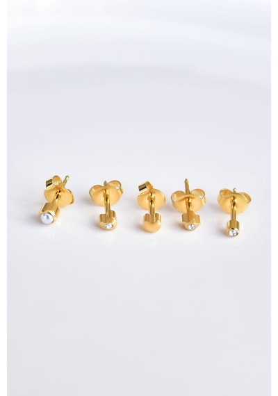 Çelik Gold Kaplama Cerrahi Tektaş Çivili 5'li Kombin Küpe Model6 Altın