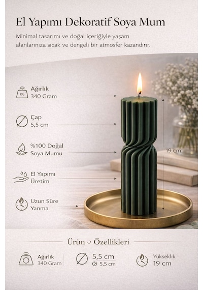 Dekoratif Lüks Soya Mum,el Yapımı Doğal Mum,uzun Yanma Süreli Modern Ev Hediyesi,ev Süsü Yeşil 340g Yeşil