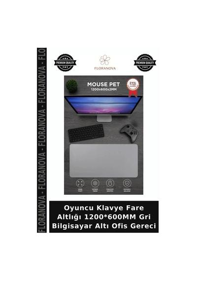 Oyuncu Klavye Fare Altlığı 1200 600mm Gri Bilgisayar Altı Ofis Gereci
