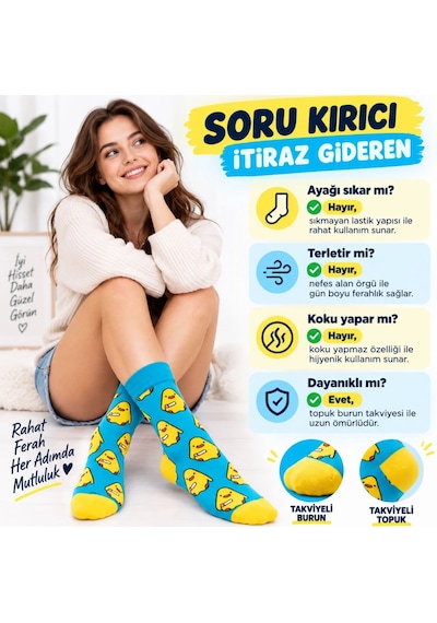 S'82 Renkli Civciv Desenli Unisex Çorap 3'lü Set Yumuşak, Esnek, Konforlu Ve Günlük Kullanıma Uygun sari