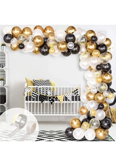 Siyah Beyaz Gold Konfetili Balon Zincir Seti
