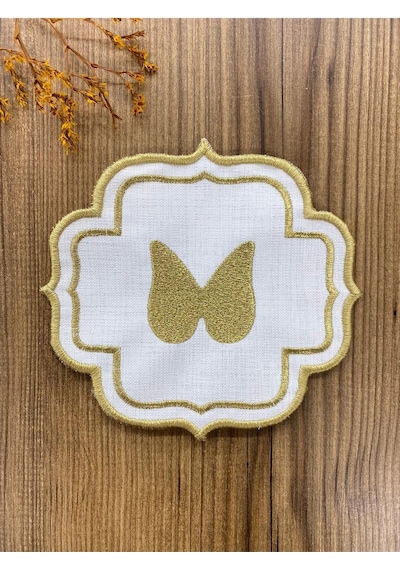 Gold Angel Linen Keten 6'lı Kokteyl Peçetesi Nakış İşlemeli Kahve Yanı Sunumluk Altın