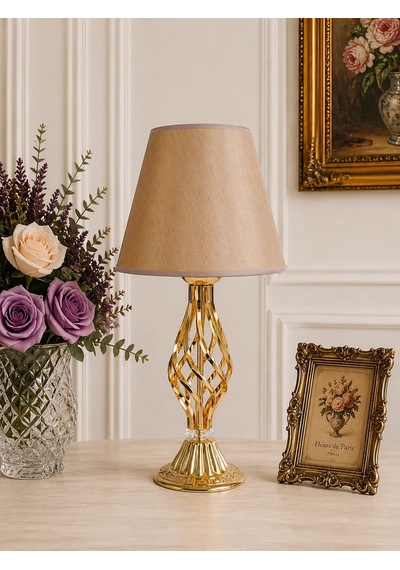 Kumaş Başlık Gold Burgulu Ayaklı Modern Abajur 55x25cm
