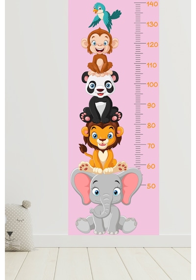 Sevimli Safari Hayvanları Boy Ölçüm Cetveli Boy Ölçer Sticker Pembe