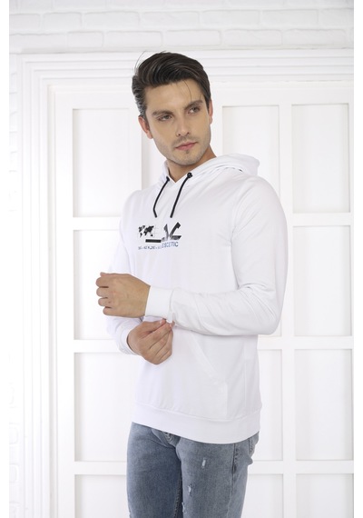Escetic Spor Erkek Beyaz Cepli, Kapüşonlu Sweatshirt-4178