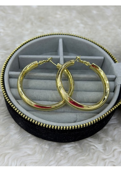 Premium Parlak Ve Şık Gold Renk Büyük Boy Halka 316l Çelik Kadın Küpe Altın