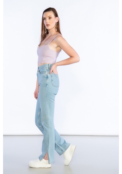 Açık Mavi Yüksek Bel Paça Kesik Detaylı Mom Jeans-açık Mavi Açık Mavi