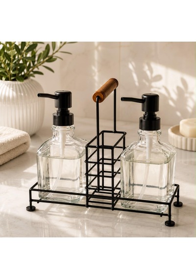 2'li Cam Sıvı Metal Standlı Sabunluk & Deterjanlık Seti- 500 Ml Şeffaf