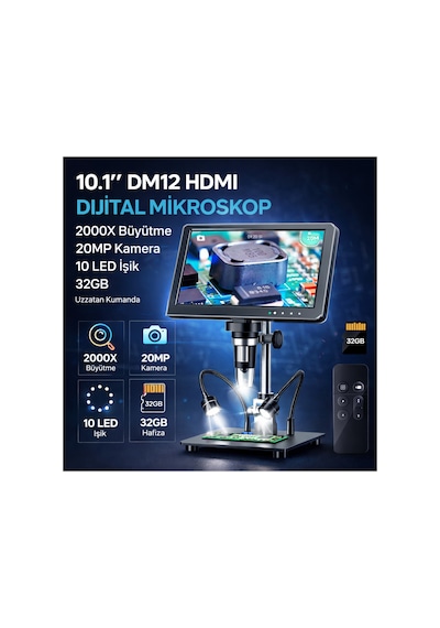 10.1'' Dm12 Hdmı Dijital Mikroskop 2000x Büyütme 20mp Kamera 10 Led Işık 32 Gb Uzaktan Kumanda Siyah - 786924275