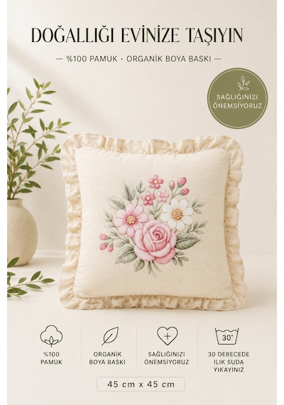 Fırfırlı Çiçek Desenli Dekoratif Kırlent Kılıfı %100 Pamuk Organik Boya Baskılı 45x45 Cm Bej