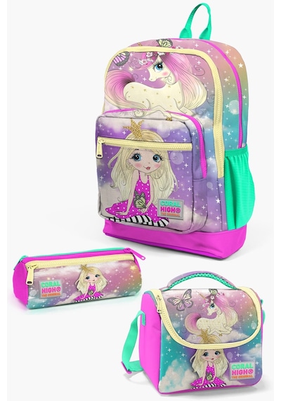 Coral High Kids Pembe Su Yeşili Unicornlu Kız Desenli 3 Lü Okul Çanta Seti Set0123733