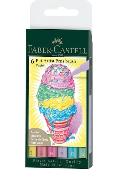 Faber-Castell Pitt Çizim Kalemi Fırça Uçlu 6'lı Pastel Renk Seti, Suya Dayanıklı Mürekkep