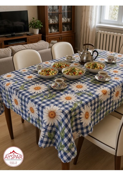 Masa Örtüsü 150x170 Cm Lacivert Kareli Papatya Beyaz